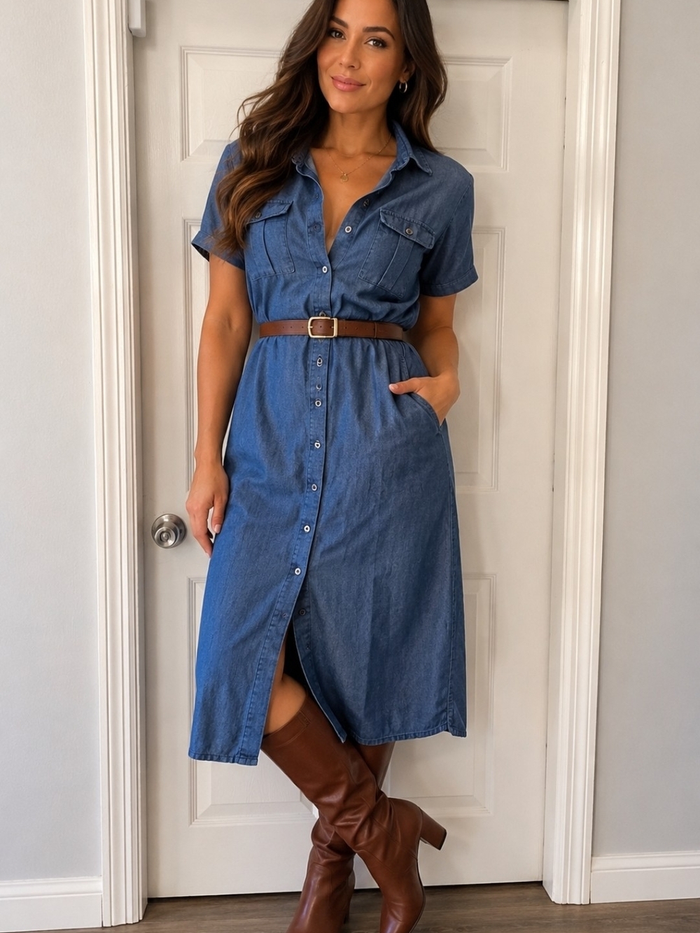 Denim Button-Front Shirt Dress - Blue - Picture 2 of 3